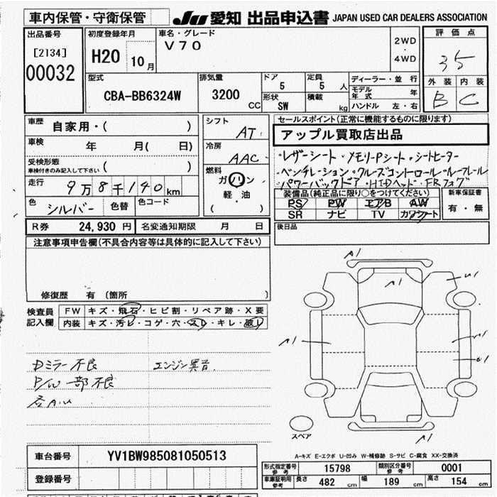 Аукционный лист VOLVO V70 2008
