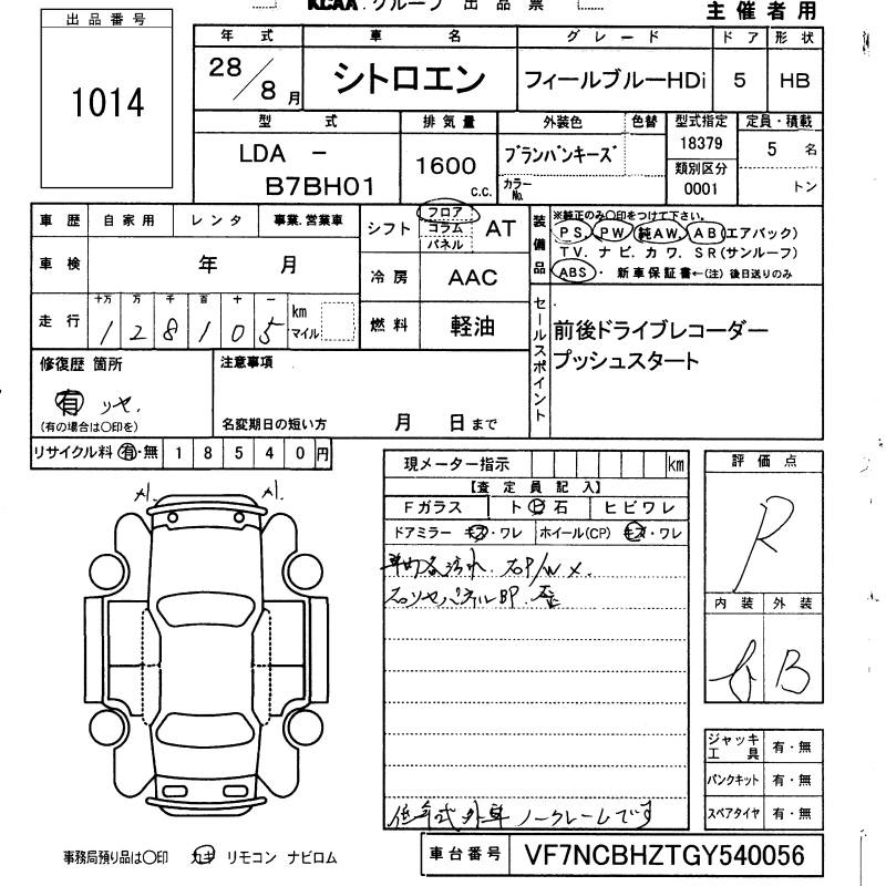 Аукционный лист CITROEN C4 2016