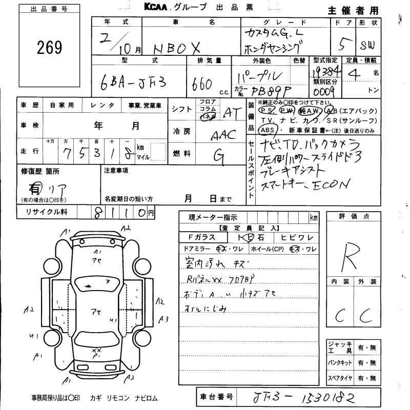 Аукционный лист HONDA N BOX 2020