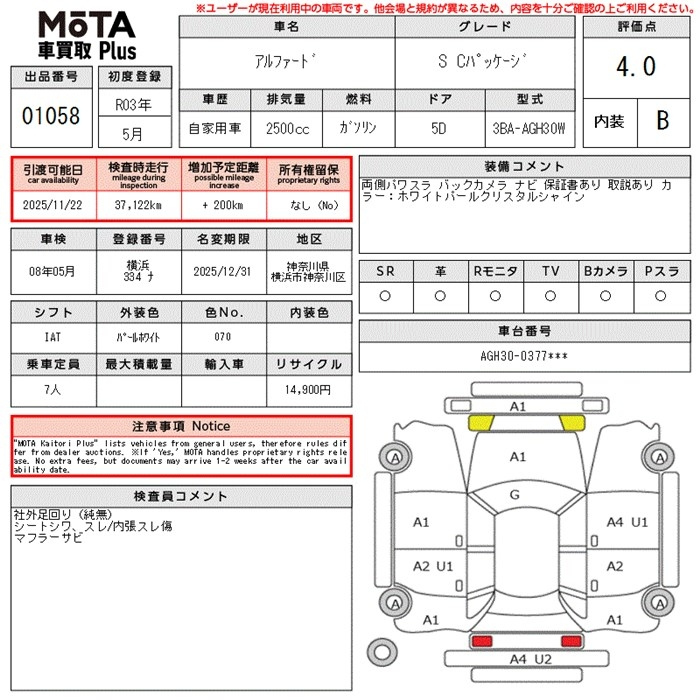 Аукционный лист TOYOTA ALPHARD 2021
