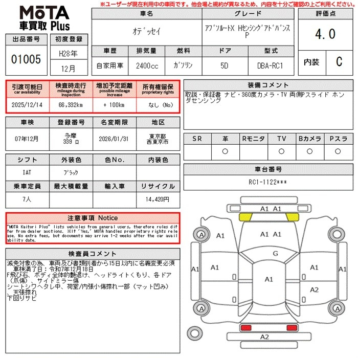 Аукционный лист HONDA ODYSSEY 2016