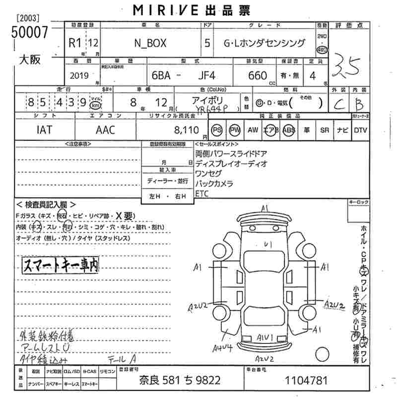 Аукционный лист HONDA N BOX 2019