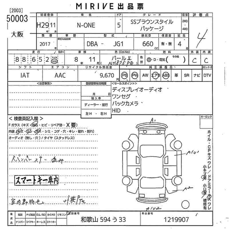 Аукционный лист HONDA N ONE 2017