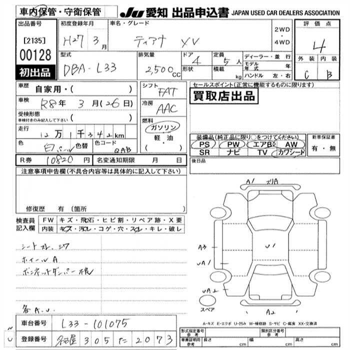 Аукционный лист NISSAN TEANA 2015