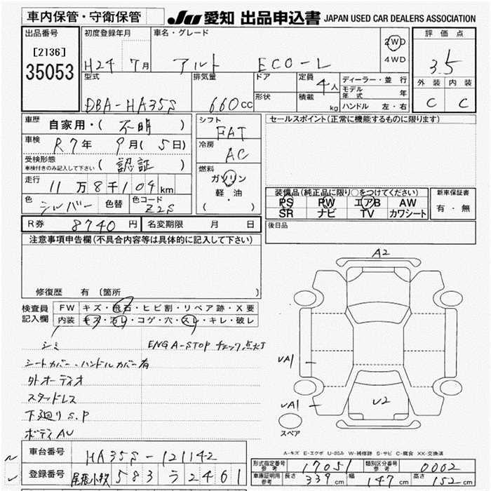 Аукционный лист SUZUKI ALTO ECO 2012