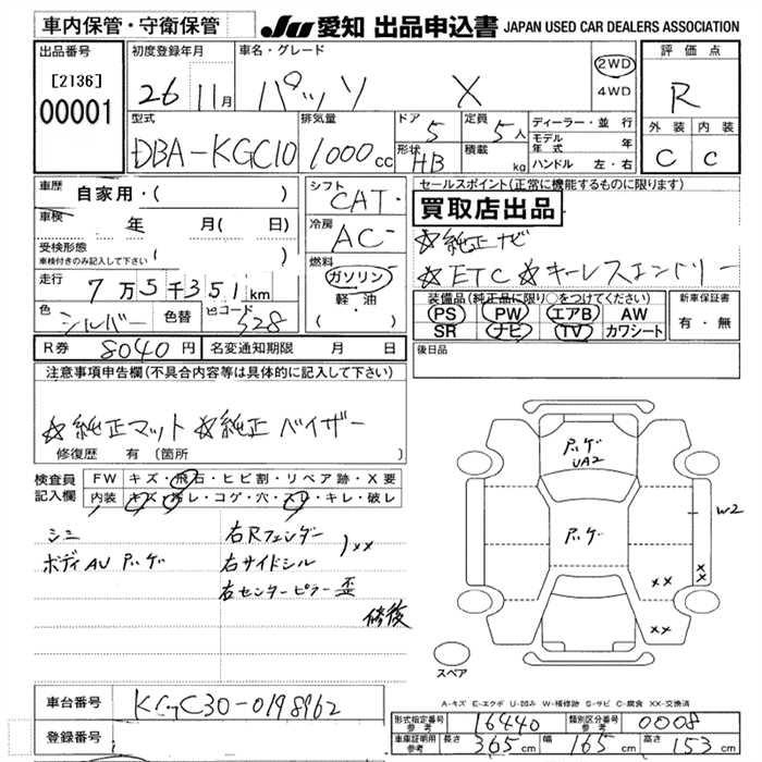 Аукционный лист TOYOTA PASSO 2014