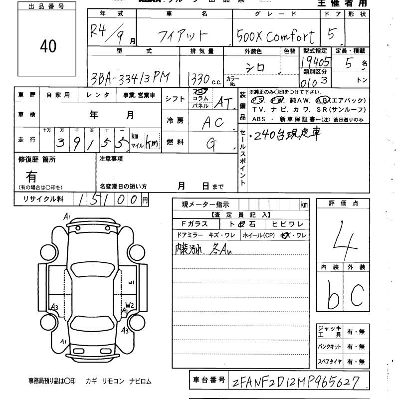 Аукционный лист FIAT 500X 2022