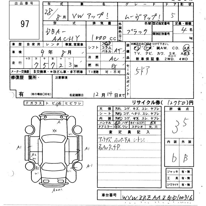 Аукционный лист VOLKSWAGEN UP 2016