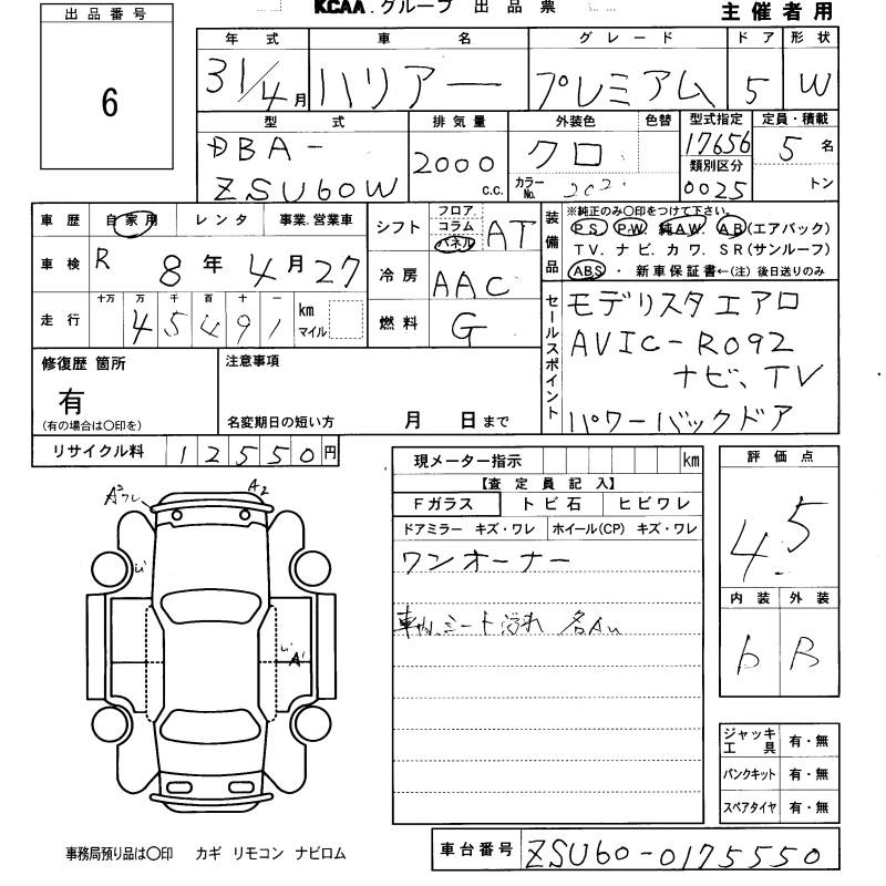 Аукционный лист TOYOTA HARRIER 2019