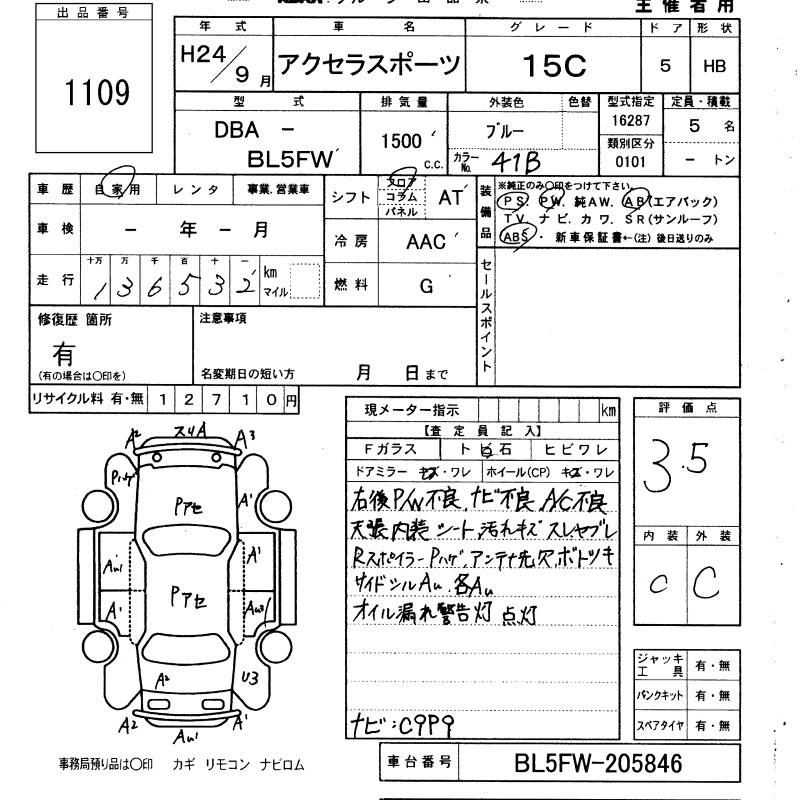 Аукционный лист MAZDA AXELA 2012