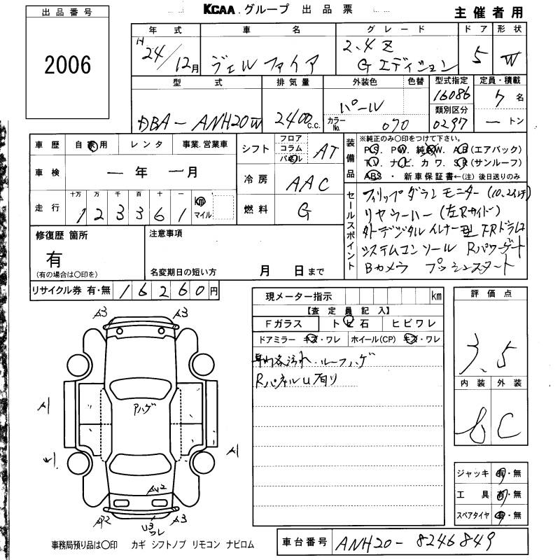 Аукционный лист TOYOTA VELLFIRE 2012