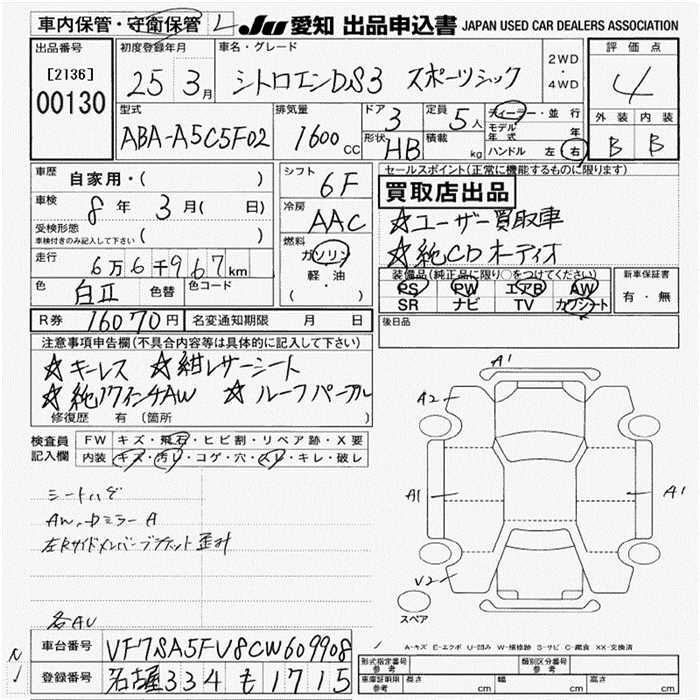Аукционный лист CITROEN DS3 2013