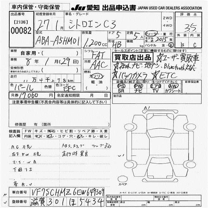 Аукционный лист CITROEN C3 2015