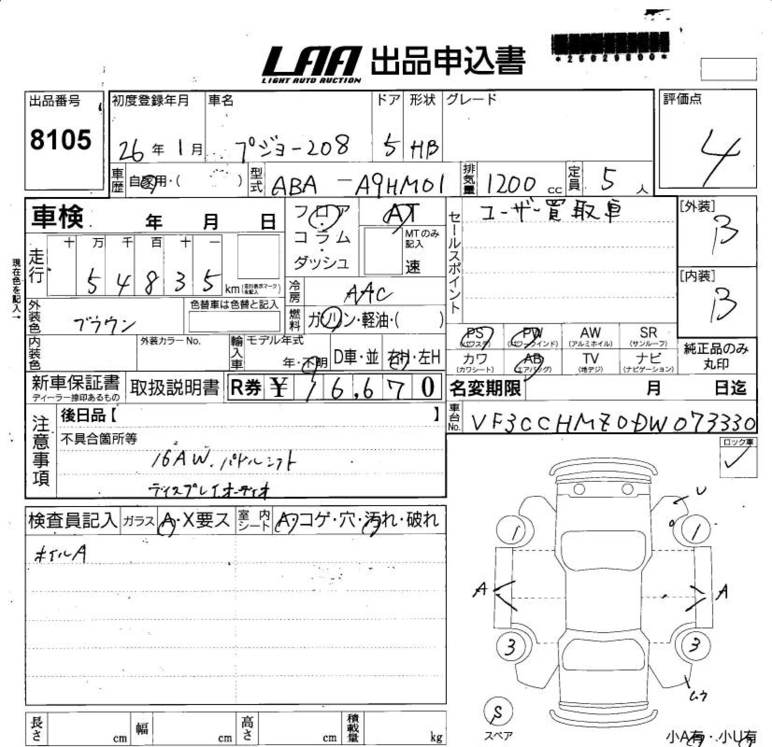 Аукционный лист PEUGEOT 208 2014