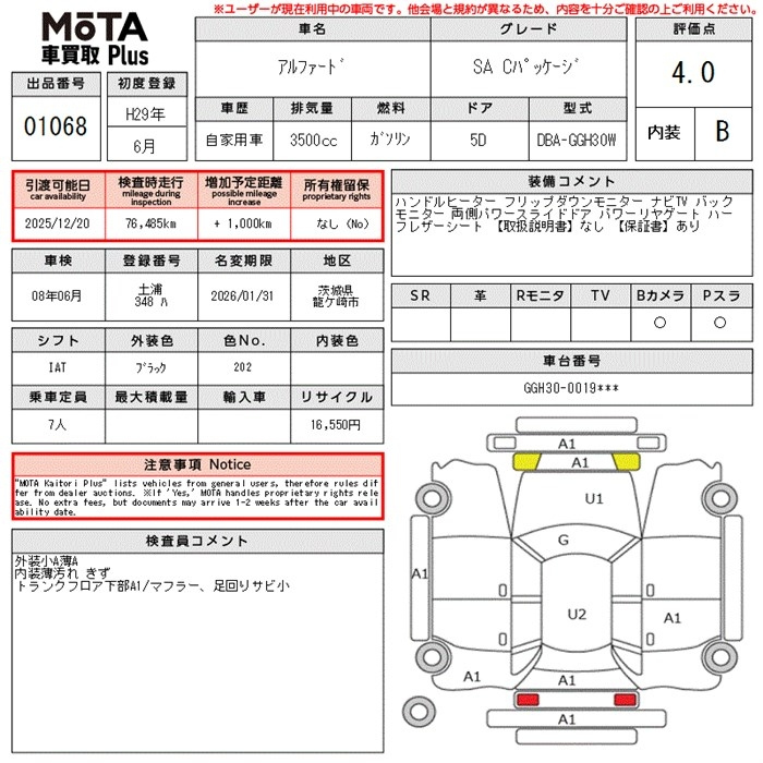 Аукционный лист TOYOTA ALPHARD 2017