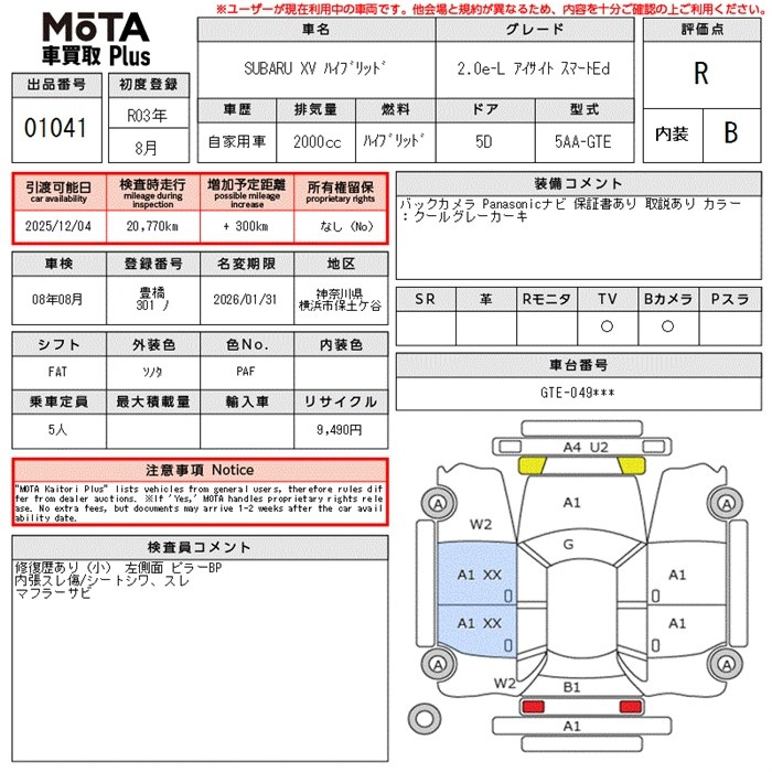 Аукционный лист SUBARU XV 2021