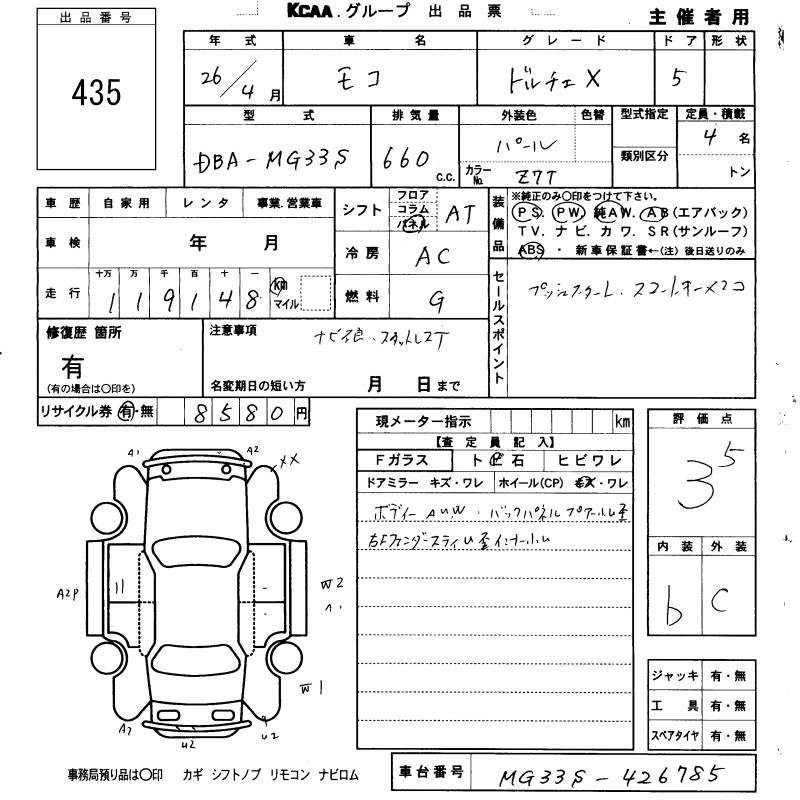 Аукционный лист NISSAN MOCO 2014