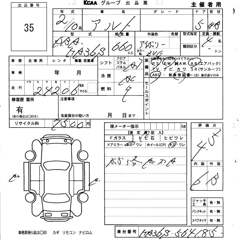 Аукционный лист SUZUKI ALTO 2020