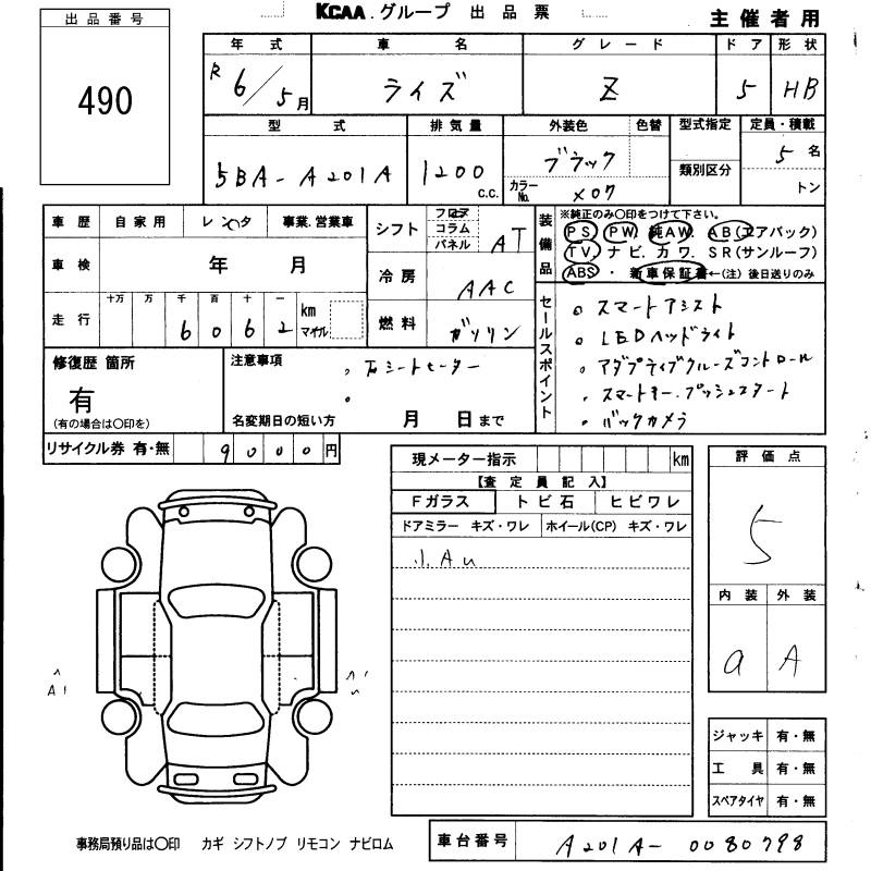 Аукционный лист TOYOTA RAIZE 2024