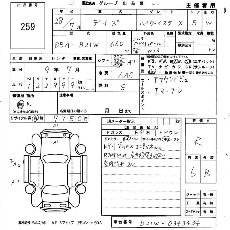 Аукционный лист NISSAN DAYZ 2016