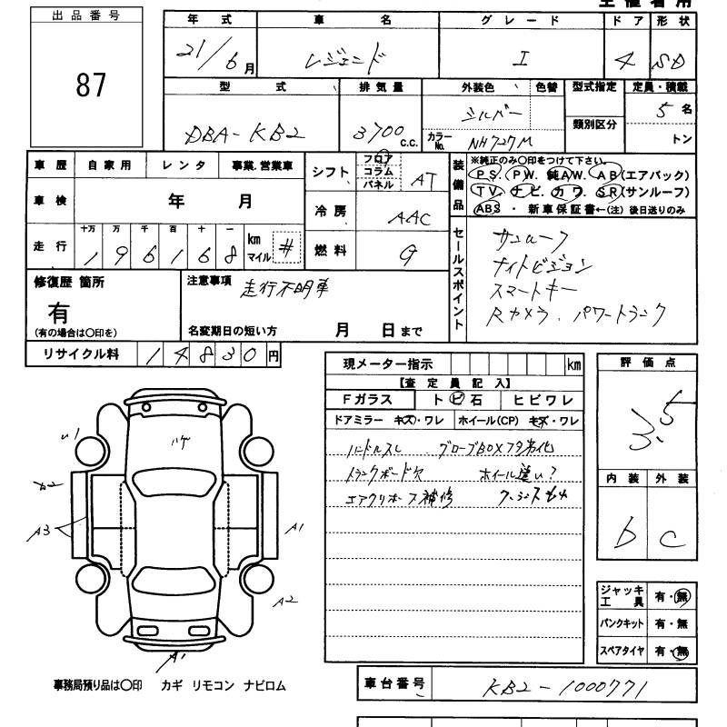 Аукционный лист HONDA LEGEND 2009