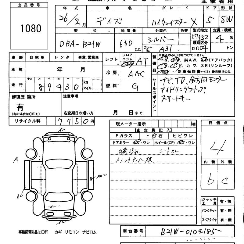 Аукционный лист NISSAN DAYZ 2014