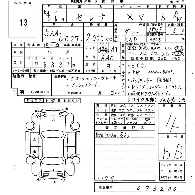 Аукционный лист NISSAN SERENA 2022