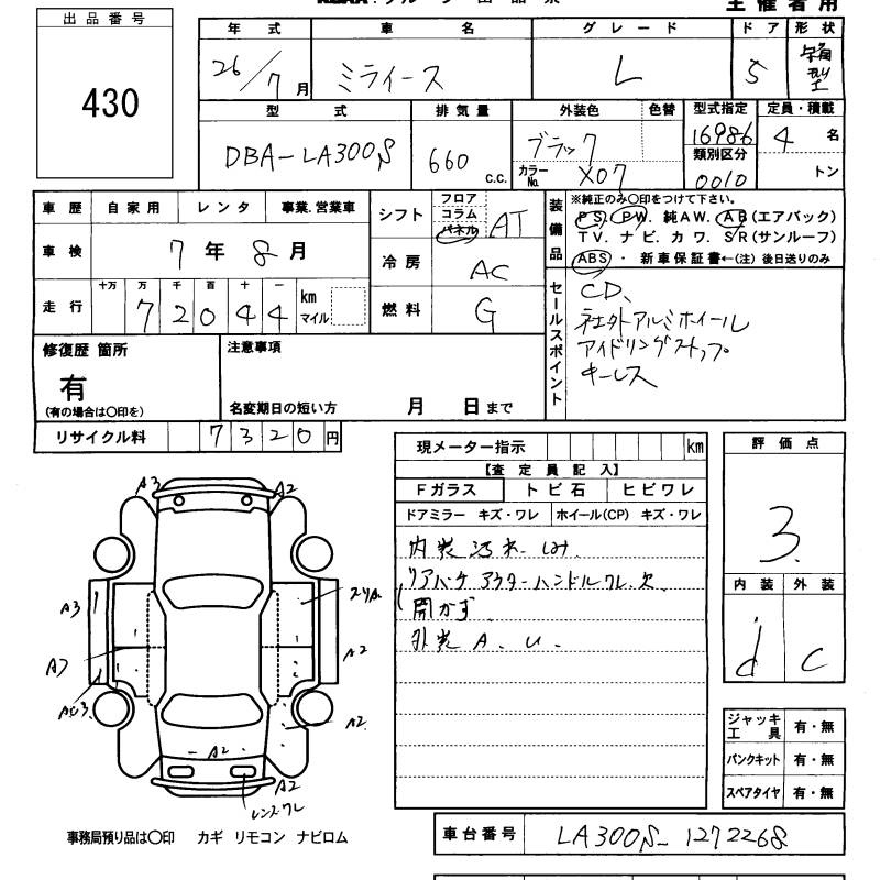 Аукционный лист DAIHATSU MIRA E S 2014