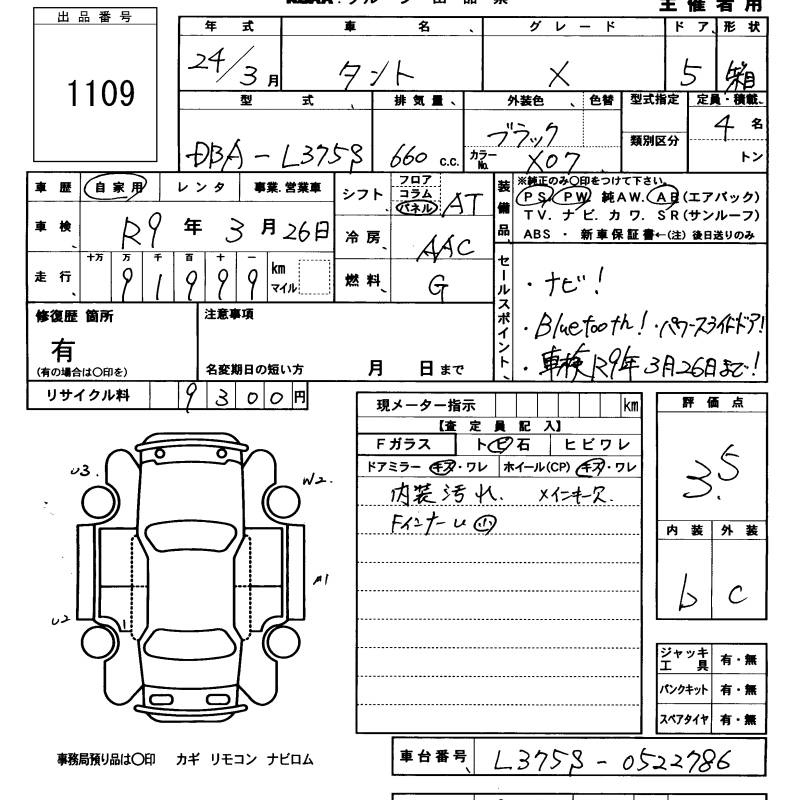Аукционный лист DAIHATSU TANTO 2012