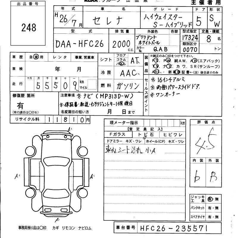Аукционный лист NISSAN SERENA 2014