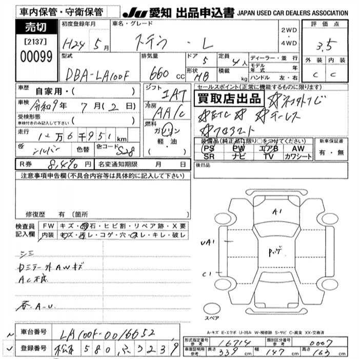 Аукционный лист SUBARU STELLA 2012