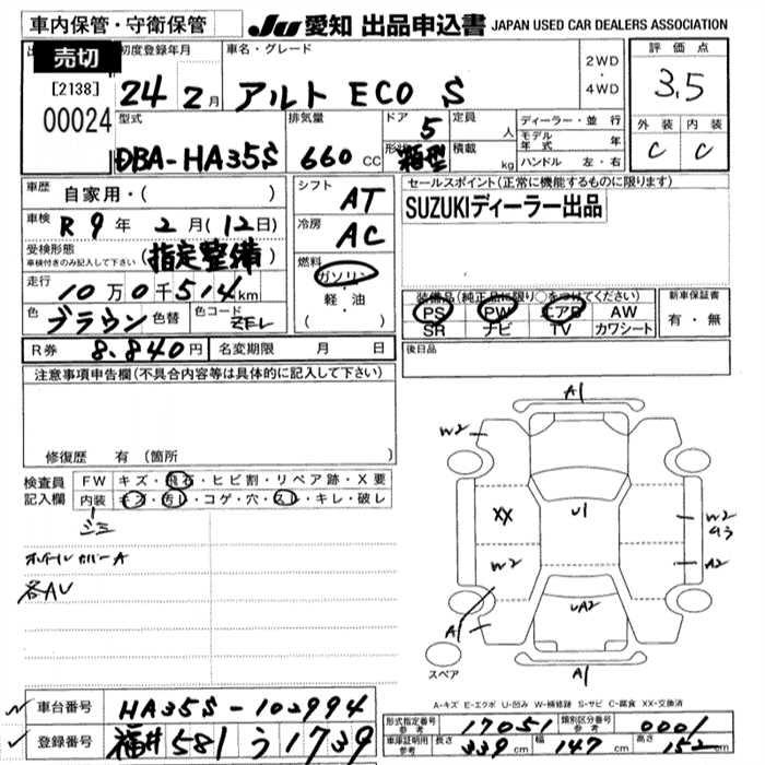 Аукционный лист SUZUKI ALTO ECO 2012
