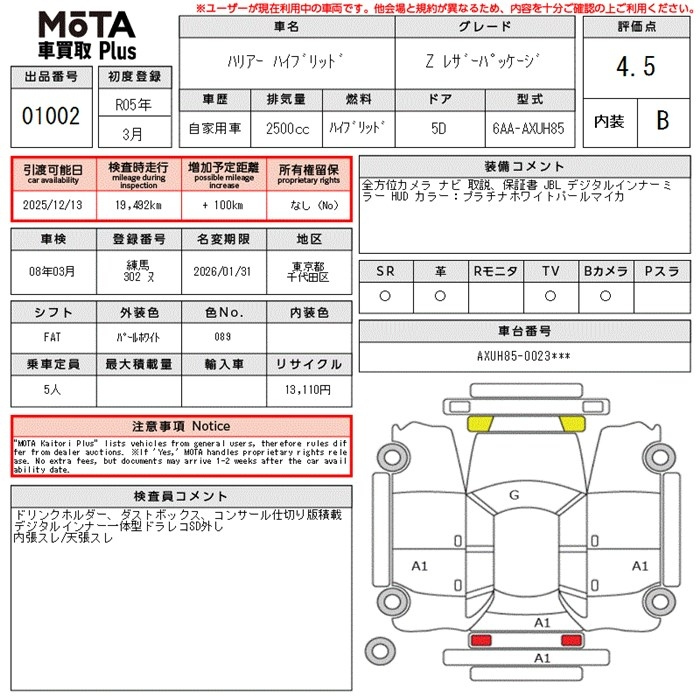 Аукционный лист TOYOTA HARRIER 2023