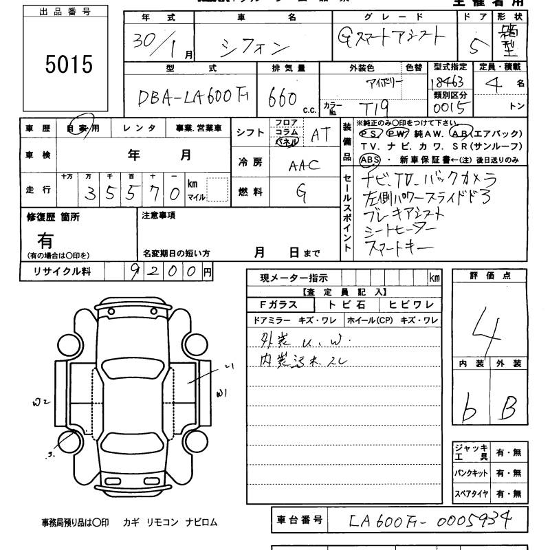 Аукционный лист SUBARU CHIFFON 2018