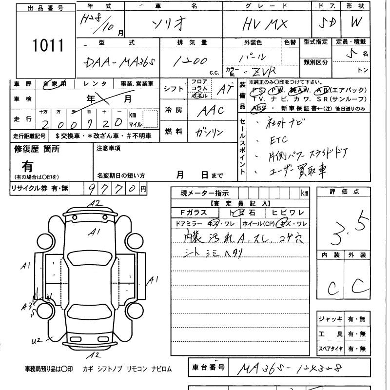 Аукционный лист SUZUKI SOLIO 2016