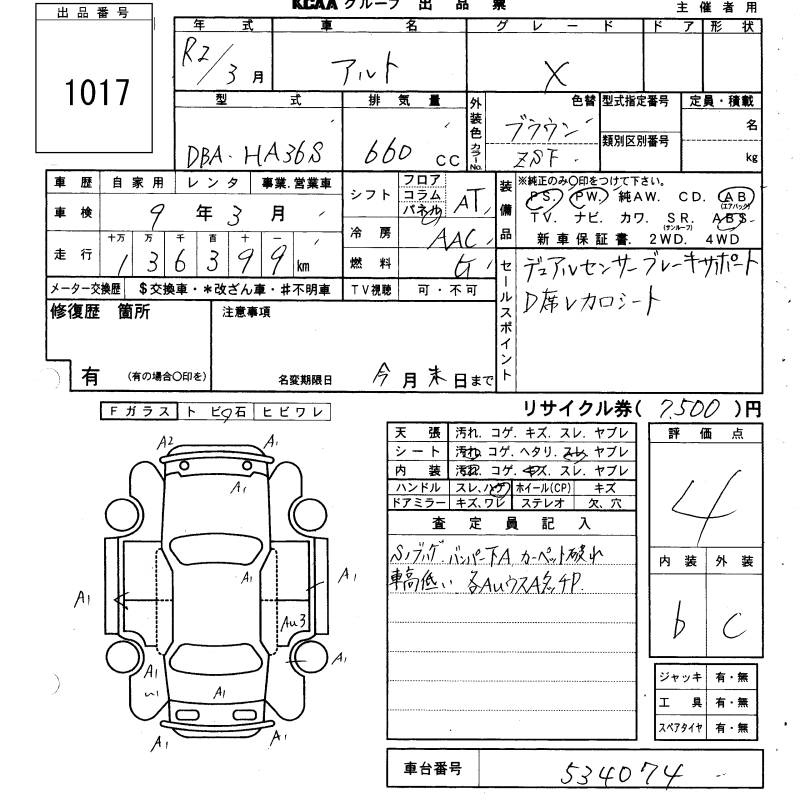 Аукционный лист SUZUKI ALTO 2020