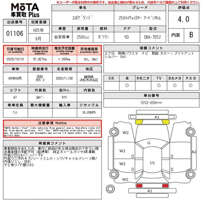 Аукционный лист NISSAN ELGRAND 2013