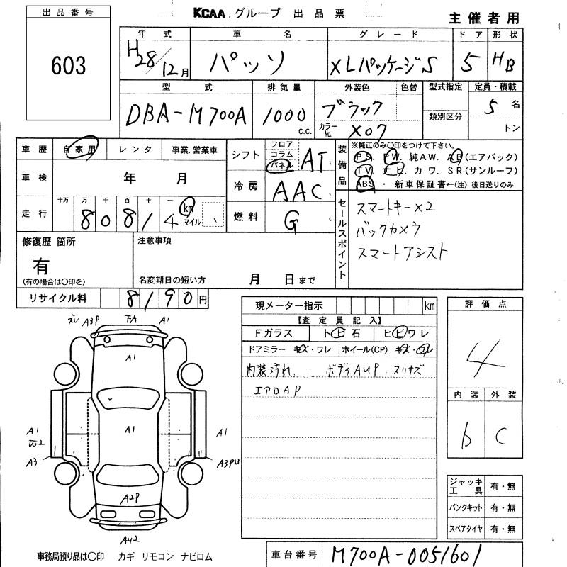 Аукционный лист TOYOTA PASSO 2016