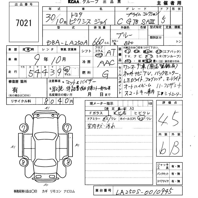 Аукционный лист TOYOTA PIXIS JOY 2018