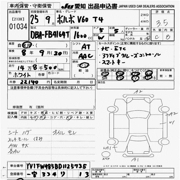 Аукционный лист VOLVO V60 2013