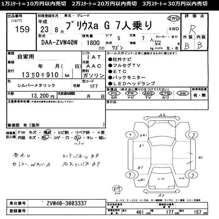 Аукционный лист TOYOTA PRIUS ALPHA 2011