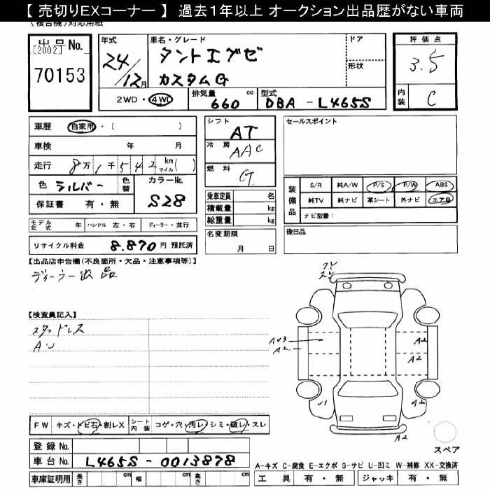 Аукционный лист DAIHATSU TANTO EXE 2012
