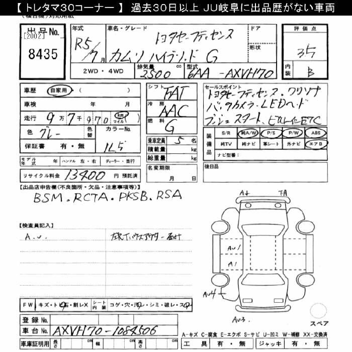 Аукционный лист TOYOTA CAMRY 2023
