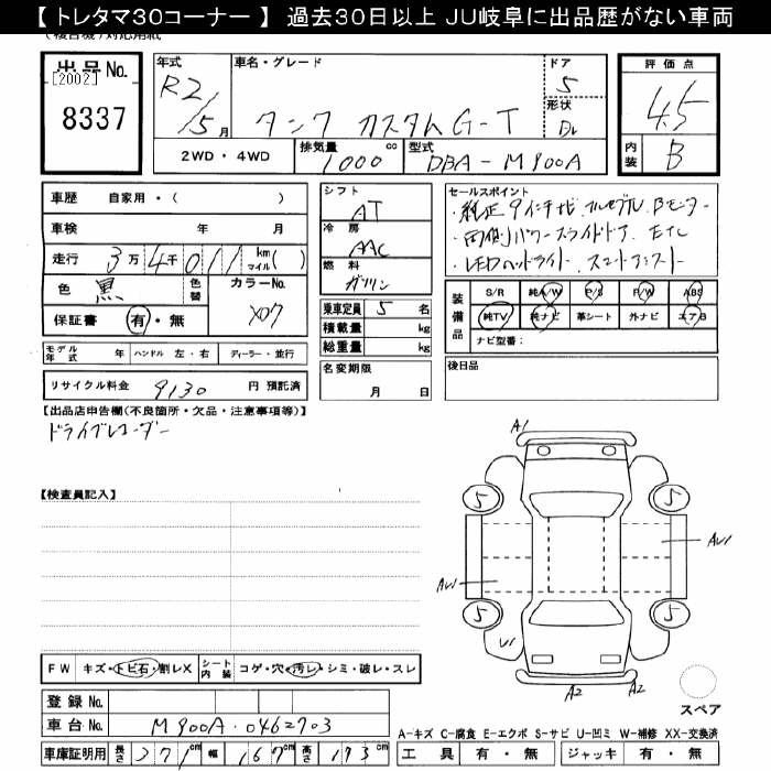 Аукционный лист TOYOTA TANK 2020
