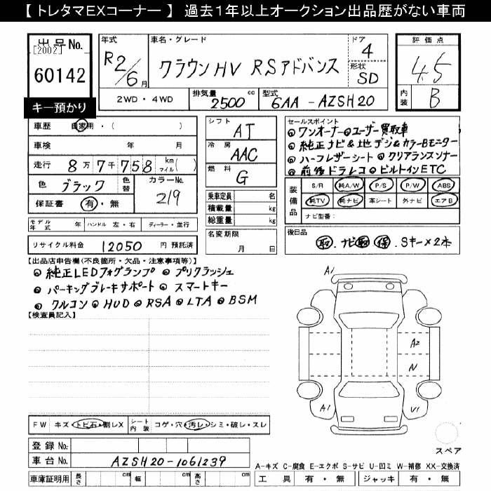 Аукционный лист TOYOTA CROWN 2020