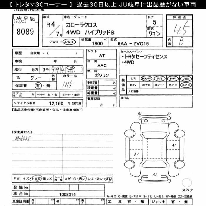 Аукционный лист TOYOTA COROLLA CROSS 2022