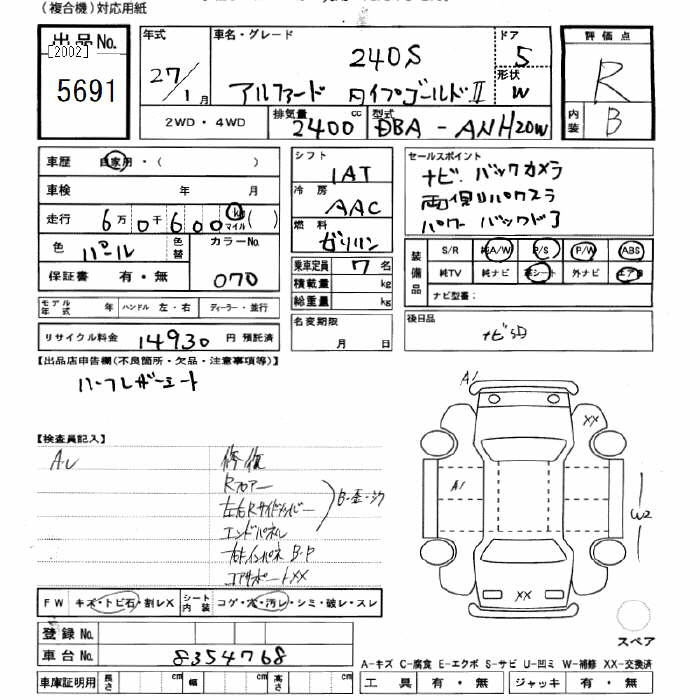 Аукционный лист TOYOTA ALPHARD 2015