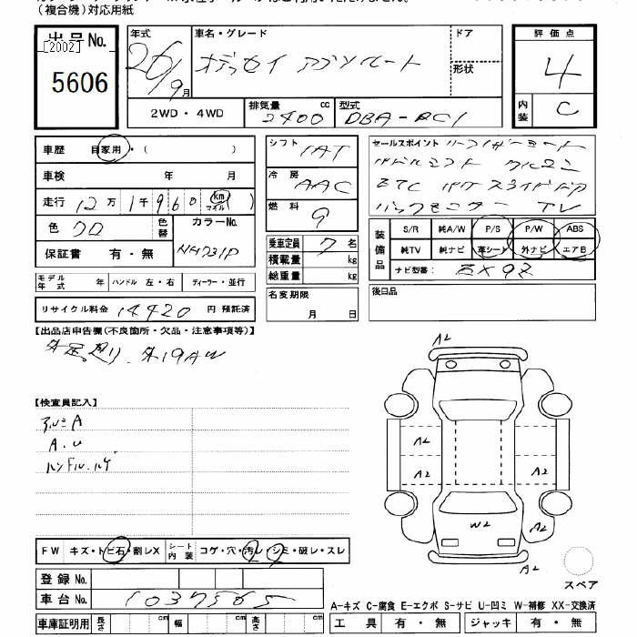 Аукционный лист HONDA ODYSSEY 2014