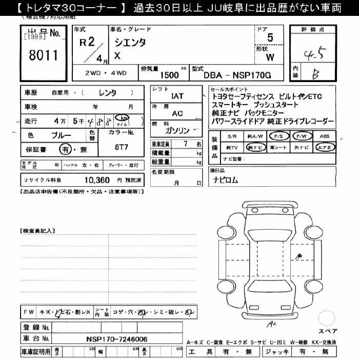 Аукционный лист TOYOTA SIENTA 2020
