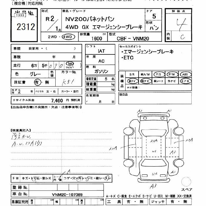Аукционный лист NISSAN NV200 2020